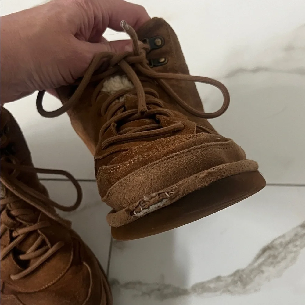 UGG Chestnut Suede Shearling-Lined Lace-Up Boots. Youth